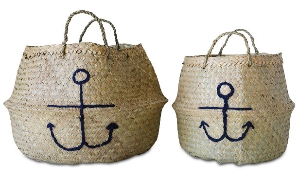 Collapsible Seagrass Baskets With Embroidered Anchors | Seagrass Baskets, Bins and Totes | Coastal and Nautical Decor | https://seasyourday.com/seagrass-baskets-bins-totes-nautical-coastal-decor
