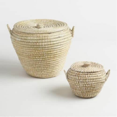 White And Natural Seagrass Tote Baskets With Lids | Seagrass Baskets, Bins and Totes | Coastal and Nautical Decor | https://seasyourday.com/seagrass-baskets-bins-totes-nautical-coastal-decor