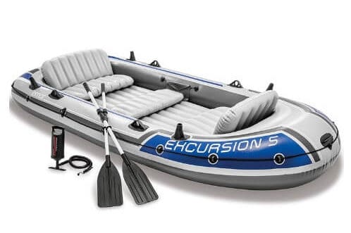 Intex Excursion 5, 5-Person Inflatable Boat Set with Aluminum Oars and High Output Air Pump | Splurge-Worthy Gifts for Water Sport Enthusiasts | https://seasyourday.com/splurge-worthy-gifts-water-sport-enthusiasts
