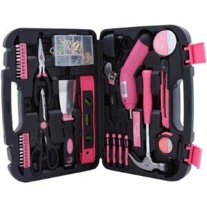 135 piece DIY tool kit with cordless screwdriver in Pink