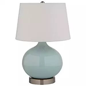 Coastal Farmhouse table lamps | Blue Green ceramic globe table lamp with white round shade