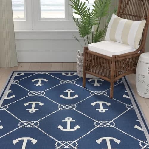 Anchor Motif Area Rug | navy blue background with white anchors and white roping