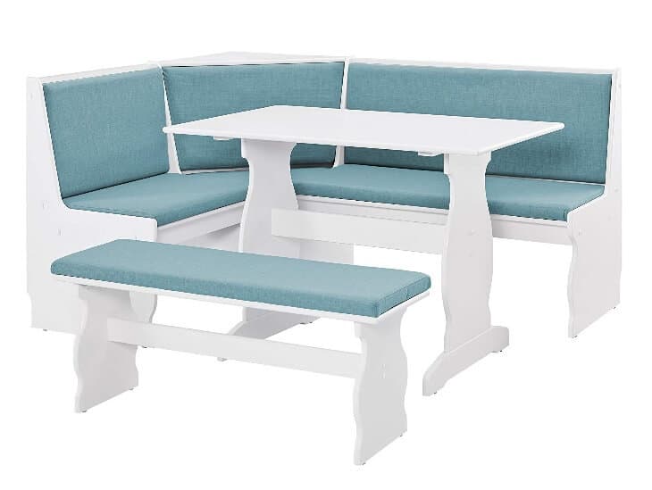 Kitchen Dining Banquette. White wood, blue cushions. Corner unit, Bench and Table. Sold on Amazon affiliate https://fave.co/30uPch0
