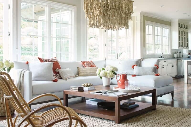 Casual Elegance Coastal Room Designs and Decor Ideas "Barton" Style Living Room Design, White, Sectional couch, elegant shell chandelier, large square coffee table, chunky sisal rug. Beach casual elegance. SHOP THE LOOK from Serena and Lily
(affiliate link) https://fave.co/2OO54bU