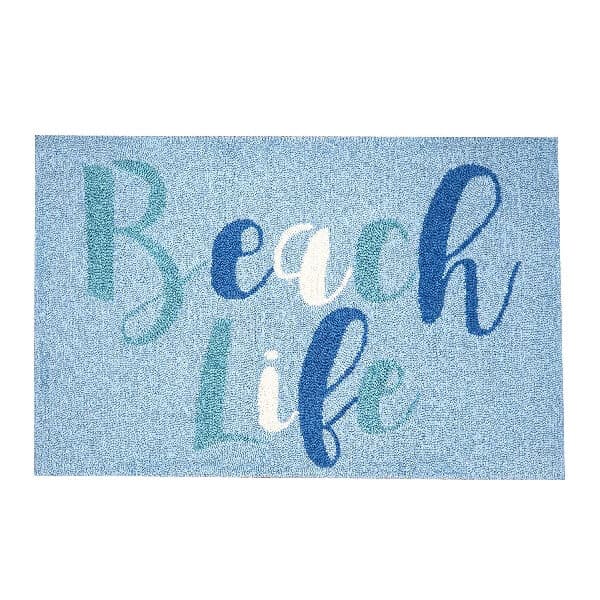 Hooked Indoor Rug "Beach Life" quote coastal shades of blue. Sold on Amazon affiliate https://fave.co/2jEBJne