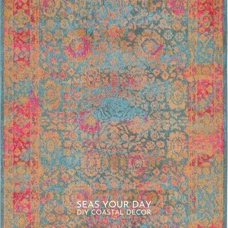ORIENTAL BLUE AND CORAL AREA RUG | Watercolor Area Rugs