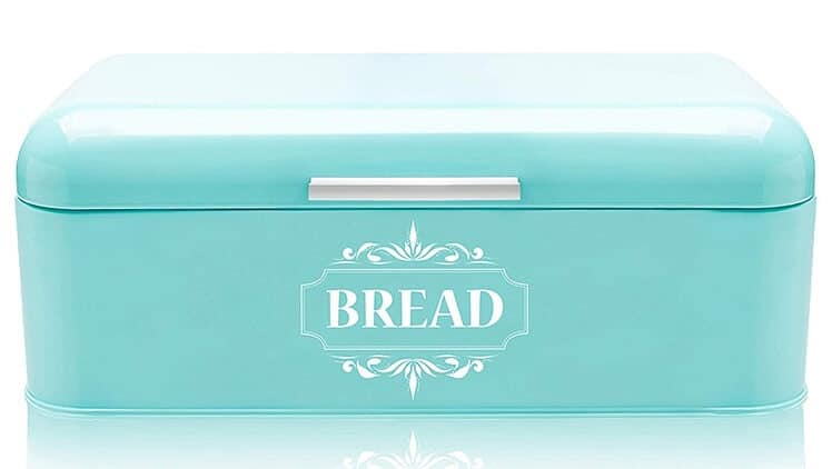 Vintage Bread Box For Kitchen Stainless Steel Metal in Retro Turquoise + FREE Butter Dish + FREE Bread Serving Suggestions eBook 16.5" x 9" x 6.5" Large Bread Bin storage by All-Green Products.
Sold on Amazon affiliate https://fave.co/2jY4cEG