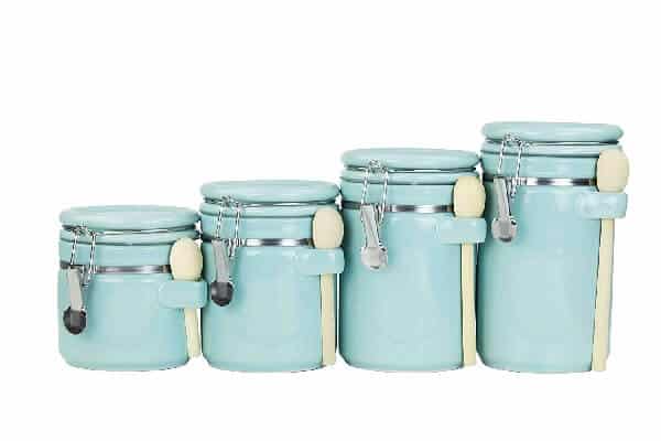 Ceramic Canister Set turquoise blue with wooden spoons. Sold on Amazon affiliate https://fave.co/30u92Jh
