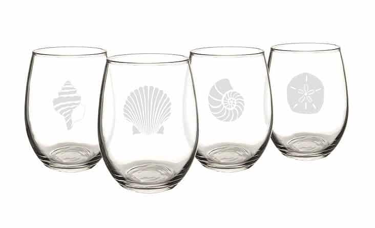 Cathy's Concepts SEA-1110 Seashell Stemless Wine Glasses – 4 Unique Designs, Holds Up to 21 oz., 4-Glass Set. Sold on Amazon https://fave.co/2LWz3g7