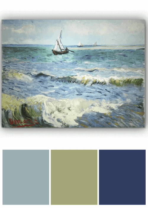 INSPIRATION COLORS FROM COASTAL WALL ART | Seascape at Saintes Maries by Vincent van Gogh seascape impressionist painting | print