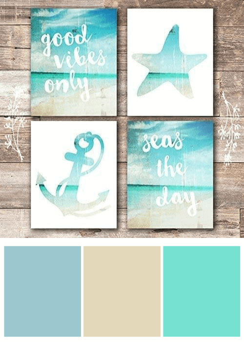 INSPIRATION COLORS FROM COASTAL WALL ART | Set of 4 prints in blue, aqua and turquoise |Anchor, Starfish, 