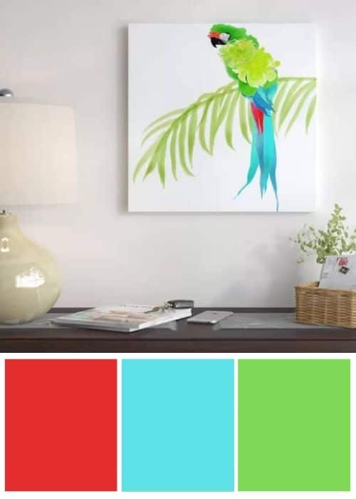 INSPIRATION COLORS FROM COASTAL WALL ART | Parrot on a Palm Print affiliate link to Wayfair: https://fave.co/2LLUwsm