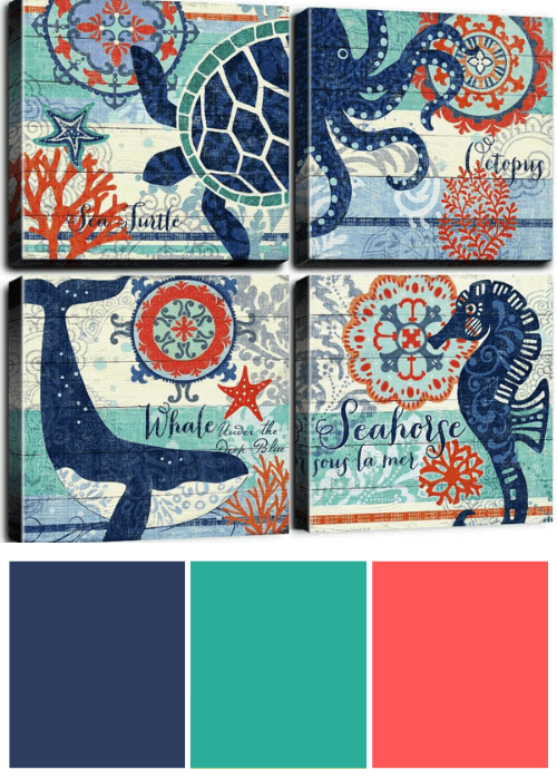 INSPIRATION COLORS FROM COASTAL WALL ART | Whimsical Sea Turtle, Octopus, Seahorse, Whale Print Set https://fave.co/2LbgIfM