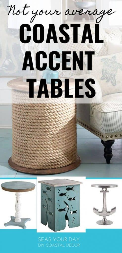 Nautical accent tables fill the small spaces in coastal interior design. Several DIY project ideas including nautical printables.