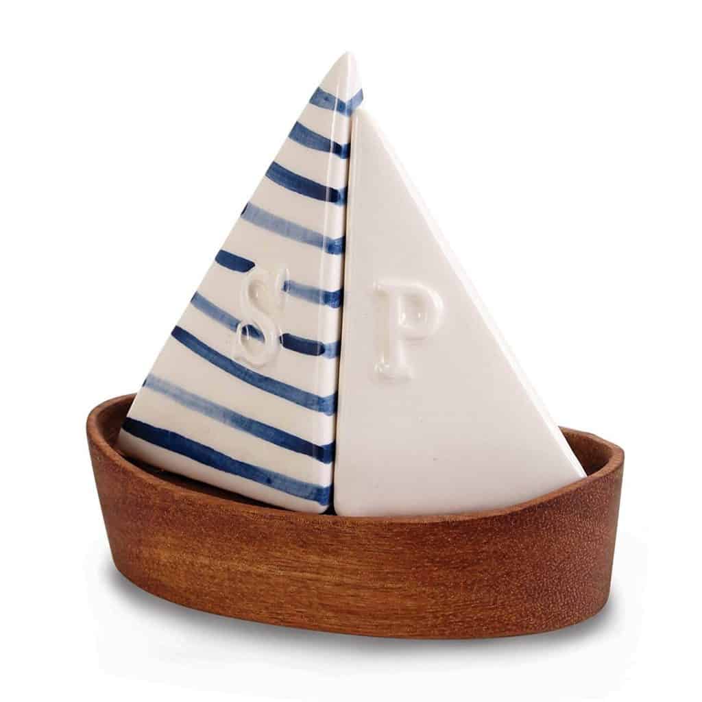 Nautical Sailboat Salt and Pepper Shaker Set with Wooden holder. Blue and White ceramic. Sold on Amazon affiliate https://fave.co/2l7eDpD 