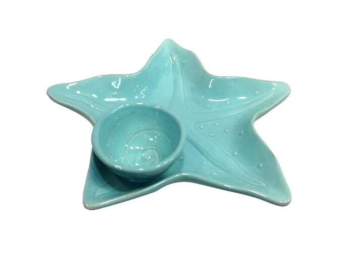 Starfish Shaped Chip and Dip Appetizer Ceramic Plate, Turquoise. Sold on Amazon affiliate https://fave.co/2XMvxfO