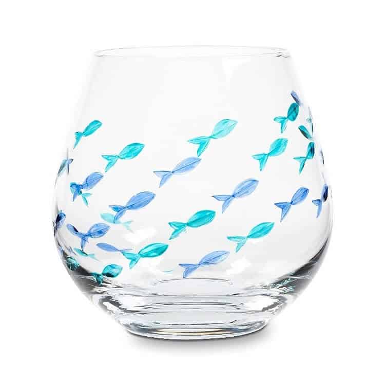 Abbott Collection Blue/Green Fish Stemless Goblet. Sold on Amazon affiliate https://fave.co/2XL7ayJ