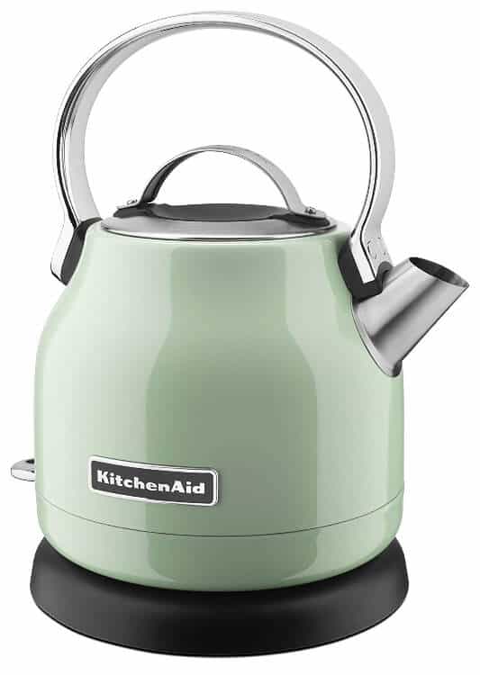 KitchenAid KEK1222PT 1.25-Liter Electric Kettle. Available colors: Pistachio (shown), Stainless Steel, Empire Red, Hot Sauce, Black, Twilight Blue.
Sold on Amazon affiliate https://fave.co/2k2Ezmb