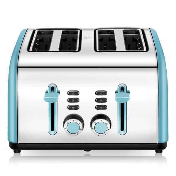 4-Slice Toaster, CUSINAID 4 Wide Slots Stainless Steel Toasters with Reheat Defrost Cancel Function, 7-Shade Setting. In Blue, Black, Red, Silver. 
Sold on Amazon affiliate https://fave.co/2LWABqw