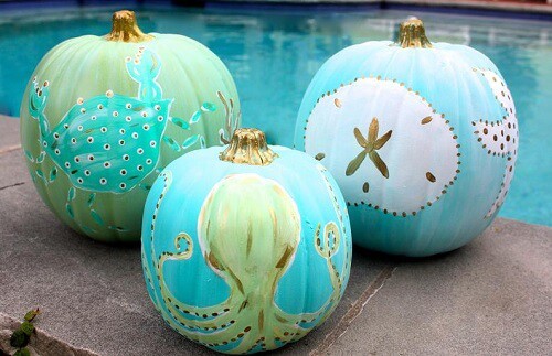 Small Coastal Painted Pumpkins, Octopus, Sand Dollar, Crab Painted Pumpkins with a Coastal Style Flair |
