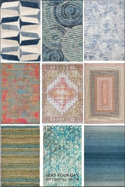 Watercolor Area Rugs Grid of 9 Rugs in Blues, Greens and Corals