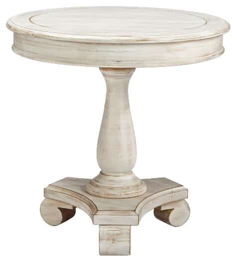 Ashley Furniture Signature Design.  Cottage Style Round Accent Table. Distressed White finish. https://fave.co/2jG9zrZ
