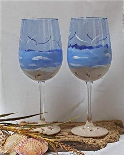  Hand Painted Wine Glasses - Beach and Sand on Cobalt Blue Glass (Set of 2) Sold on Amazon affiliate https://fave.co/2LWxsXK