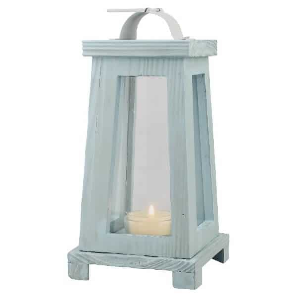 Wooden Candle Lantern distressed blue-gray for table top display. Sold on Amazon affiliate https://fave.co/30AvoZN